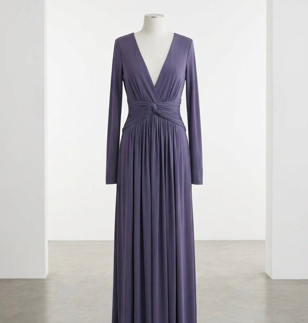 BCBGMAXAZRIA Slate Blue Ember Maxi Gown S Plunging V-Neck Old Hollywood Gala